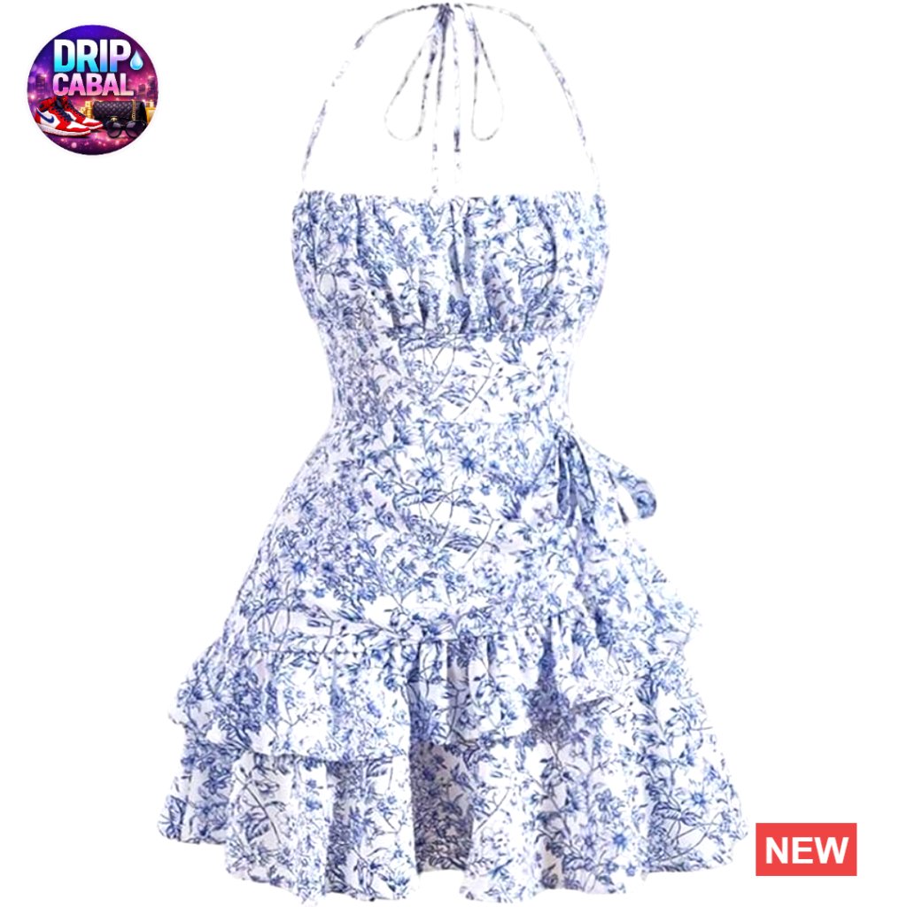 Polyester Halter Mini Dress With Ruffle Hem, Backless Tie Design